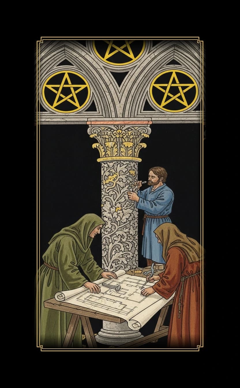 Three Pentacles tarot card - Brian Chesky's journey card